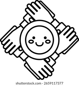 A smiling face is surrounded by four hands. Concept of unity and togetherness