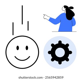 Smiling face symbolizing positivity, cogwheel for productivity, and a person pointing is ideal for business, staff motivation, teamwork, and positive workplace culture. Modern, clean style