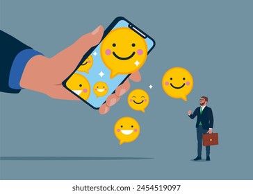Los símbolos de la cara sonriente caen de un smartphone. Felicidad de los empleados, satisfacción laboral, beneficio de la empresa, actitud positiva. Robot de chat. Ilustración vectorial plana