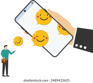 Smiling face symbols fall from a smartphone. Employee happiness, job satisfaction, company benefit, positive attitude. Chat bot. Flat vector illustration

