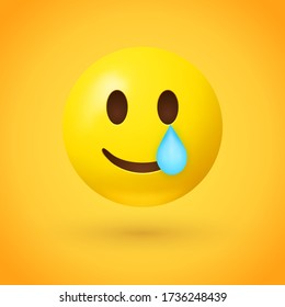 Smiling face with tear emoji - yellow face with smile and a teardrop under one eye on yellow background