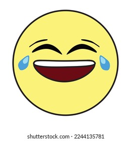 Smiling Face with tears. Emoji concept. Yellow face with blue tears and smile.