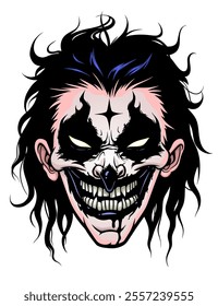 Smiling face of a terrifying clown vector illustration. 