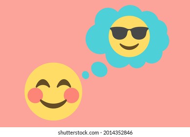 smiling face and thought bubble with happy face with sunglasses on pink background,emoji concept vector illustration