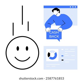 Smiling face with three vertical lines, man holding sign reading Cash Back, and data analysis chart. Ideal for cashback promotions, customer rewards, financial savings, concepts of happiness