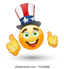 Smiling face with thumbs up and patriotic hat. Vector