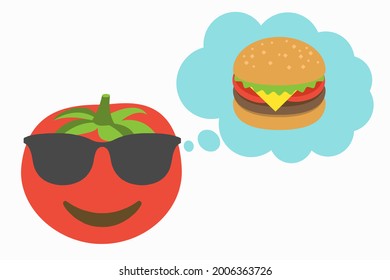 smiling face tomato with sunglasses and thought bubble with hamburger icon on white background,emoji vector illustration