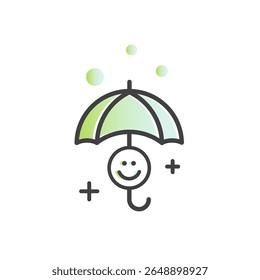 Smiling face under umbrella icon. Symbol of protection, support, and emotional well-being. Minimal line style with green gradient fill. Vector design on white background. Health insurance concept
