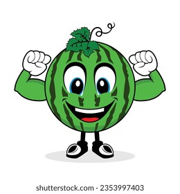 Smiling Face Watermelon Mascot with Muscle Arms