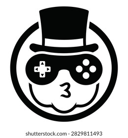 A smiling face wearing a top hat and gaming controller glasses with number 3 on nose