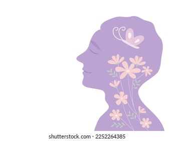 Smiling face of a young man with flowers and butterfly mental health concept. Flat vector illustration.