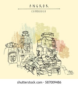 Smiling faces of Bayon temple in Angkor archeological site, Cambodia, Asia. Travel sketch. Vintage handdrawn touristic postcard, poster, book illustration in vector