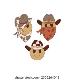 Smiling faces in cowboy hat vector illustration set. Wild West aesthetic clipart design.