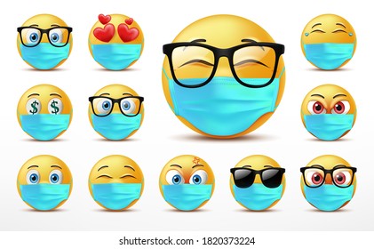 Smiling faces emoticon character set, Facial expressions of cute yellow faces covered in medical mask. 3D realistic vector illustration