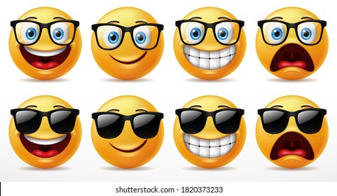 Smiling faces emoticon character set, Facial expressions of cute yellow faces wearing sunglasses. 3D realistic vector illustration