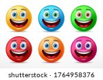 Smiling faces emoticon characters with six predefined color happy facial expressions. 3D realistic vector illustration