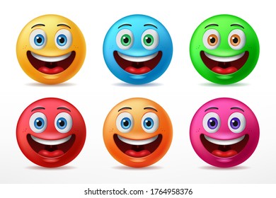 Smiling faces emoticon characters with six predefined color happy facial expressions. 3D realistic vector illustration