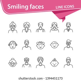 Smiling faces icons. Set of line icons on white background. Senior woman, baby, balding man. People concept. Vector illustration can be used for topics like application, lifestyle, family
