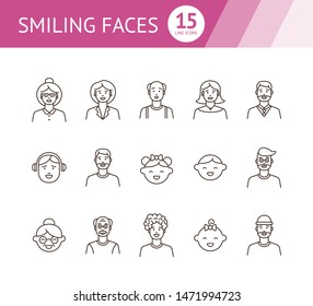 Smiling faces icons. Set of line icons on white background. Senior woman, baby, balding man. People concept. Vector illustration can be used for topics like application, lifestyle, family
