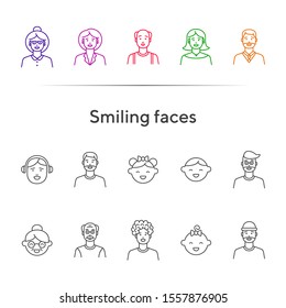 Smiling faces icons. Set of line icons on white background. Senior woman, baby, balding man. People concept. Vector illustration can be used for topics like application, lifestyle, family