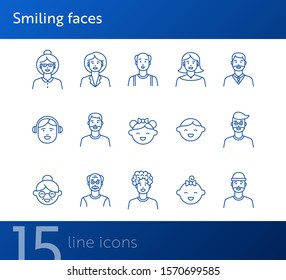 Smiling faces icons. Set of line icons on white background. Senior woman, baby, balding man. People concept. Vector illustration can be used for topics like application, lifestyle, family