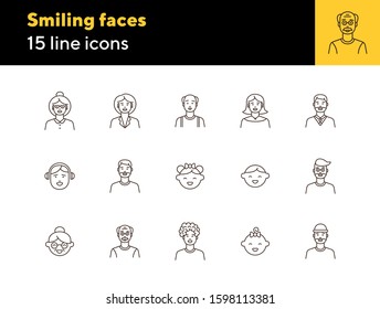 Smiling faces icons. Set of line icons on white background. Senior woman, baby, balding man. People concept. Vector illustration can be used for topics like application, lifestyle, family