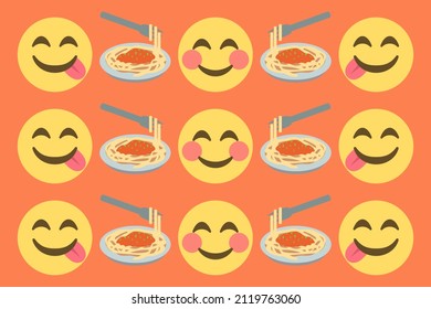 smiling faces and pasta spaghetti,emoji food pattern on orange color background,vector illustration