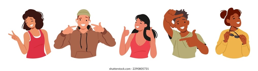 Smiling Faces Of People With Braces, Proud Of Their Journey To Straighter Teeth And Improved Confidence. Happy Male and Female Character Correct their Oral Bites. Cartoon People Vector Illustration