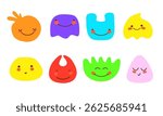 Smiling faces in playful abstract shapes. Cute and funny happy characters, perfect for kids designs, stickers, posters
