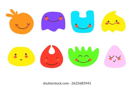 Smiling faces in playful abstract shapes. Cute and funny happy characters, perfect for kids designs, stickers, posters