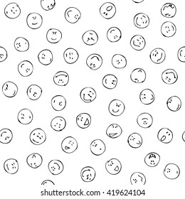 Smiling faces seamless pattern, doodle. Positive emotions doodle faces. Doodle smiling smiles Different positive emoticons Hand drawn doodle seamless pattern, smiling faces, emotions. Black pen pencil