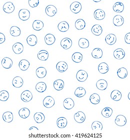 Smiling faces seamless pattern, doodle. Positive emotions doodle faces. Doodle smiling faces. Different positive emoticons Hand drawn doodle seamless pattern, positive emotions. Blue pen pencil smiles