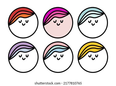 Smiling faces set hand drawn vector logotypes icon in cartoon doodle style vibrant hair form