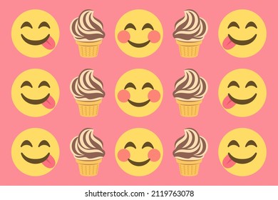 Smiling Faces With Soft Ice Cream,emoji Sweet Food Pattern On Pink Color Background,vector Illustration