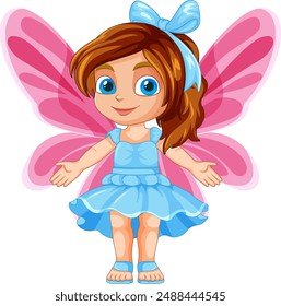 Smiling fairy in blue dress with pink wings