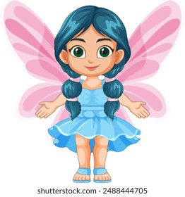 Smiling fairy girl with blue dress and wings