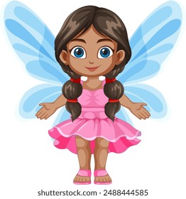 Smiling fairy girl with blue wings and pink dress