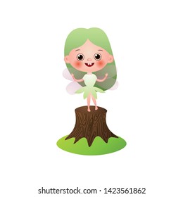 Smiling fairy girl with green hair stay on stump