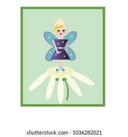 Smiling fairy with magic wings. Cartoon girl character sitting on swing. Pixie in little orange dress. Magical creature from fairy tale. Colorful flat vector design