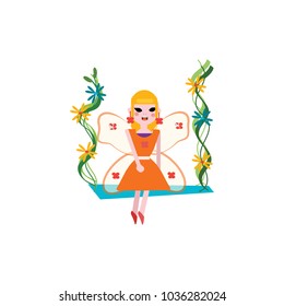 Smiling fairy with magic wings. Cartoon girl character sitting on swing. Pixie in little orange dress. Magical creature from fairy tale. Colorful flat vector design