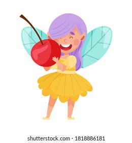 Smiling Fairy or Pixie with Wings Holding Cherry Vector Illustration