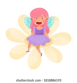 Smiling Fairy or Pixie with Wings Sitting on Flower Vector Illustration
