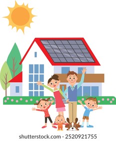 Smiling families stand in front of their solar panel homes