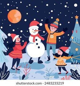 a smiling family bundled in winter wear gather around a friendly snowman. Brightly colored scarves and hats add a festive touch. A snow-covered landscape stretches behind them