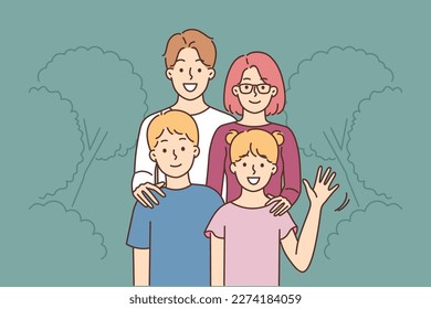 Smiling family with children waving walking in park. Happy parents with kids say hello enjoy walk in city forest. Vector illustration. 