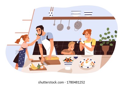 Smiling family cooking and trying dessert together vector flat illustration. Mother, father and children preparing strawberry with whipped cream isolated. Parents and kids spending time at kitchen