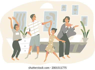Smiling family dancing having fun at home vector flat illustration. Joyful parents and kids clapping hands and demonstrate dance movements isolated. Happy active people spending time together
