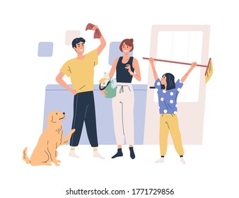 Smiling family doing housework together vector flat illustration. Happy father, mother, daughter and dog standing with cleaning equipment isolated on white. People holding mop, rag and bucket