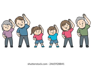 A smiling family doing warm-up exercises.