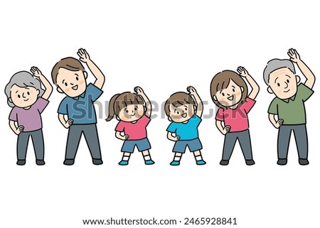 A smiling family doing warm-up exercises.